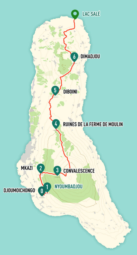 Carte de la Traversée du Karthala, un itinéraire de randonnée de 84 km traversant Grande Comore de Djoumoichongo au Lac Salé